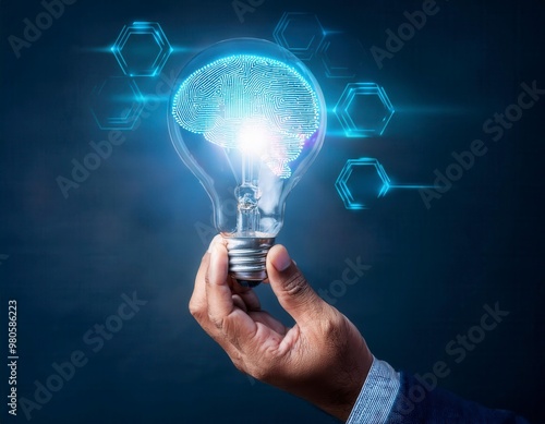 Hand holding drawing virtual lightbulb with brain on bokeh background for creative and smart thinking idea. Generated image