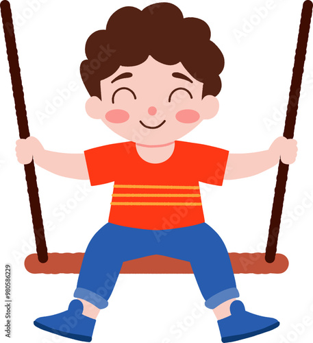 Swinging into Joy: A cheerful young boy with curly hair finds pure bliss on a wooden swing, his infectious smile radiating the simple pleasures of childhood.  