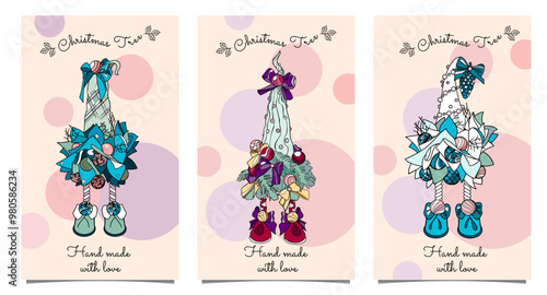 set of cute fairy tale cards with Christmas tree, set of cards Christmas trees handmade, cards for craftswomen