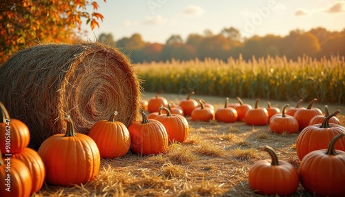 Traditional Autumn Harvest Scene with Hay Bales and Corn Stalks photo