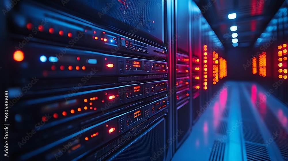 Obraz premium Server racks in a data center with red and blue lights.