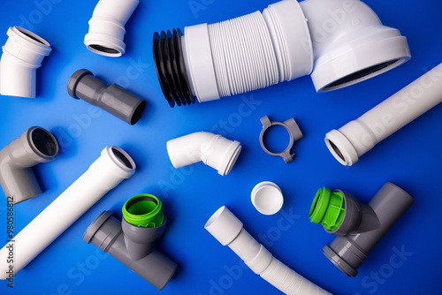 PVC drainage pipes and fittings on blue background. top view