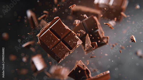 Sweet dark chocolate bar broken into pieces. AI Generated