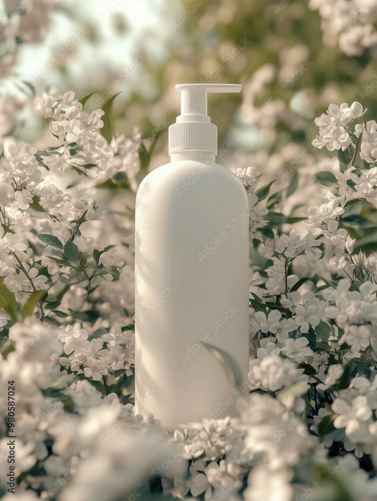 White shampoo bottle mockup in meadow flowers. White shampoo bottle mockup in meadow flowers.