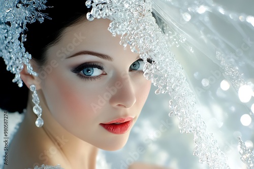 Beautiful young woman, wearing a white veil and a white lace