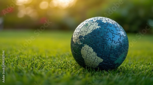 Fototapeta Naklejka Na Ścianę i Meble -  Puzzle earth planet on green grass background,Globe or sphere from puzzles on white background,Save The Earth illustration set,environment,Vector drawing,Hand drawn style,eco or ecology concept.