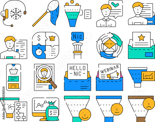 lead generation customer business icons set vector. funnel marketing, digital inbound conversion, client magnet strategy, website sales lead generation customer business color Contour Illustrations