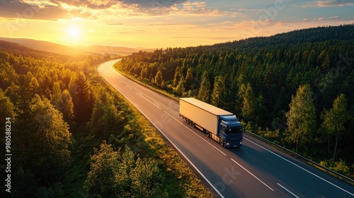 Fototapeta Naklejka Na Ścianę i Meble -  A beautiful sunset over a winding road with a truck traveling through a lush green forest, symbolizing freedom and adventure.