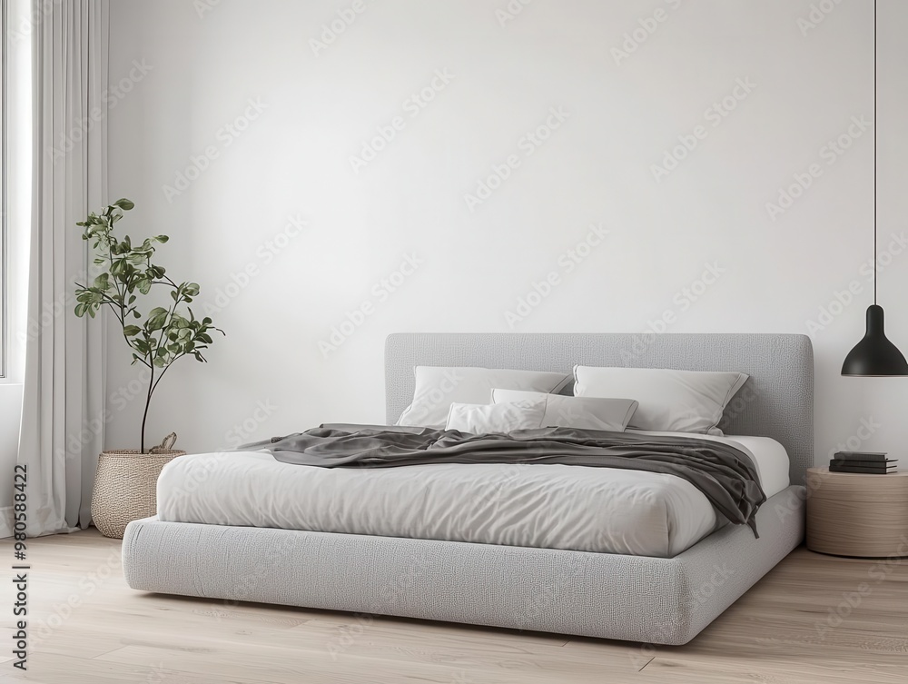 Spacious minimalist bedroom with a king-sized bed, large windows, and clean white walls, minimalist design, open, airy bedroom Spacious minimalist bedroom with a king-sized bed, large windows, and clean white walls, minimalist design, open, airy bedroom