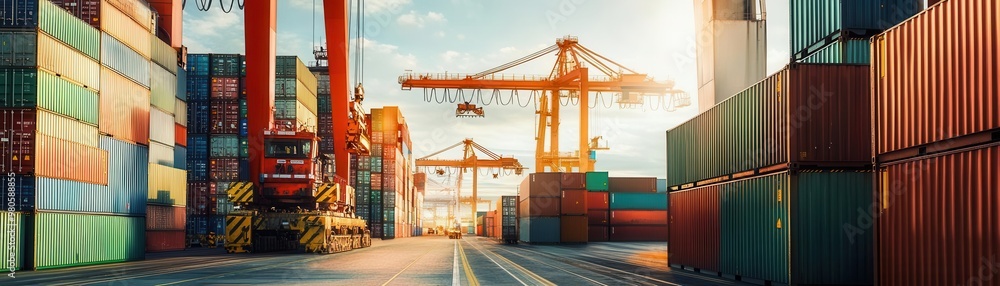 Containers being moved by cranes at a busy port, global logistics and transportation network Containers being moved by cranes at a busy port, global logistics and transportation network