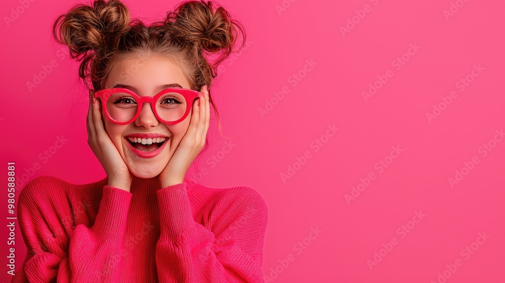A joyful girl with playful hairstyle and bright glasses, expressing excitement against a vibrant pink backdrop. A joyful girl with playful hairstyle and bright glasses, expressing excitement against a vibrant pink backdrop.