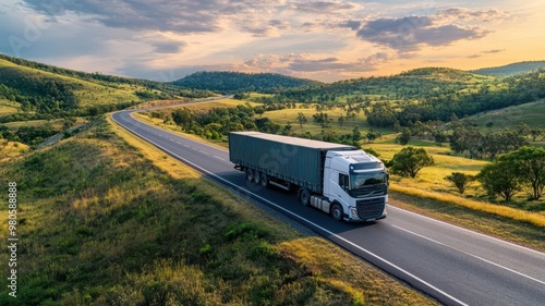 Truck driving along a rural road with a full load of cargo, representing global transportation