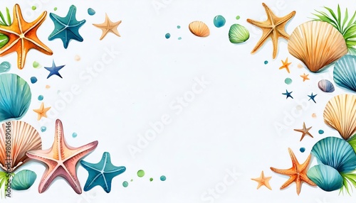 Watercolor seashells and starfishes in a summery frame, with space for your text