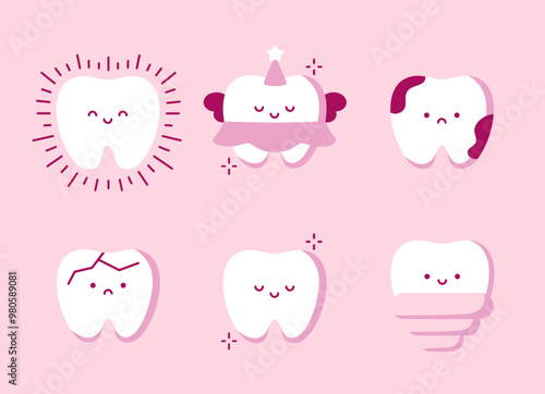 Set of Cute teeth with different emotions. Teeth characters vector illustration. Dentistry concept for your design. Illustration for pediatric dentistry. Oral hygiene, teeth cleaning, Dental care
