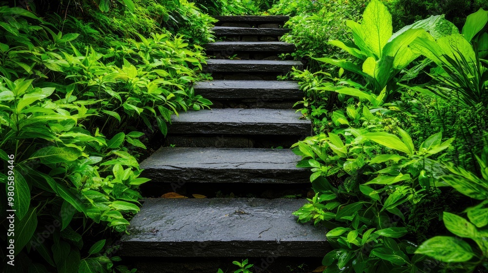 A serene pathway of stone steps surrounded by lush green foliage, inviting exploration in a tranquil garden setting. A serene pathway of stone steps surrounded by lush green foliage, inviting exploration in a tranquil garden setting.