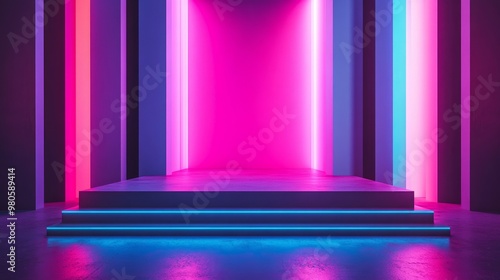 A minimalistic, yet colorful stage with soft light reflections and neon accents, perfect for event promotions with space for text.