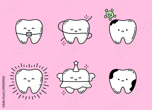 Set of Cute Teeth. Set of children's teeth characters. Kawaii Characters Baby Teeth. Tooth with Caries, Healthy Tooth, Braces, Clean, Bacteria, Fairy. Pediatric Dentist concept. Vector Illustration