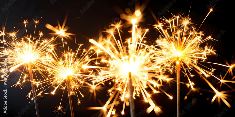Close-Up Macro of Glowing New Year Sparklers Celebrating 2025 Against Dark Background - Festive Atmosphere and Joyful Details in Stock Photo Close-Up Macro of Glowing New Year Sparklers Celebrating 2025 Against Dark Background - Festive Atmosphere and Joyful Details in Stock Photo
