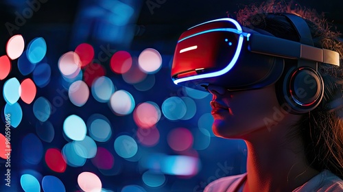 A young woman experiences virtual reality with a sleek headset and immersive lights, showcasing modern technology and gaming.