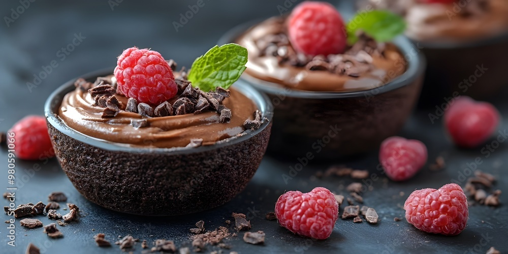 Delicious vegan sugar-free chocolate dessert with fresh raspberries Delicious vegan sugar-free chocolate dessert with fresh raspberries
