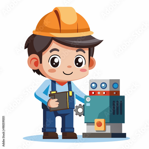 A chibi cartoon engineer is repairing a machine, depicted with exaggerated and adorable features against a white background