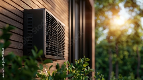 Fresh air circulates through a modern air conditioner mounted on a wooden wall, surrounded by greenery and warm sunlight.