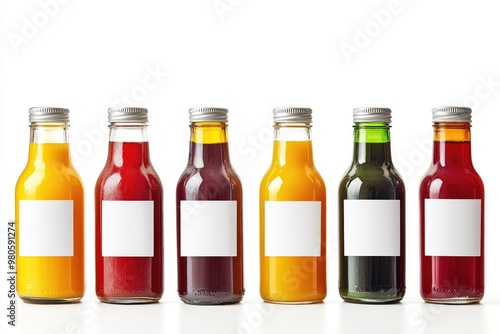 Six Glass Bottles with Blank Labels Filled with Colorful Liquids photo