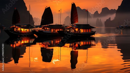 dramatic ha long bay, vietnam, limestone karsts rising from sea towering limestone karsts rise dramatically from the tranquil waters of ha long bay. 