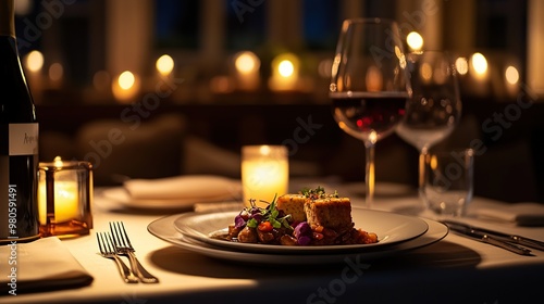 A romantic dinner setting with a beautifully plated meal and candlelight ambiance.