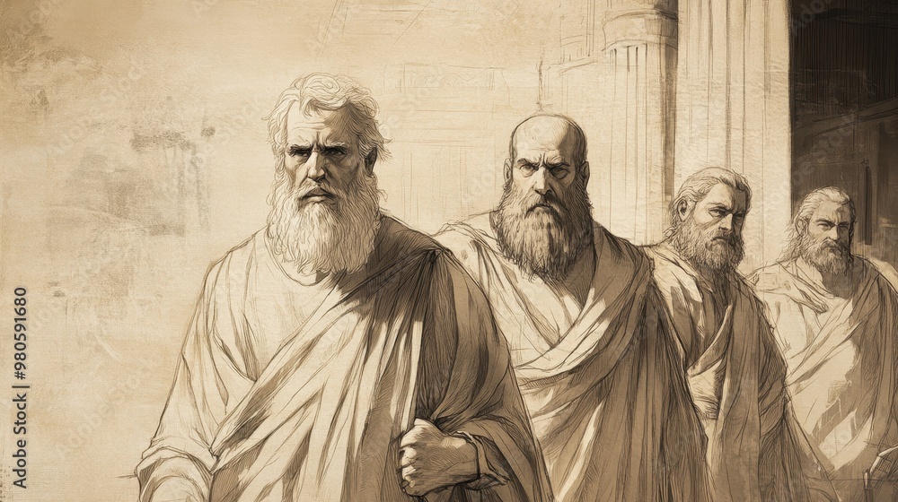 Fototapeta premium Biblical Illustration of Uzziah Disregarding the Priest’s Warning in 2 Chronicles, Entering the Temple to Burn Incense, an Act Reserved for Priests, Beige Background