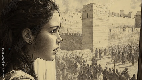 Biblical illustration of David’s wife Michal watching from a window, her face filled with disdain, as David dances before the Ark in the streets below, set in a solemn beige background photo