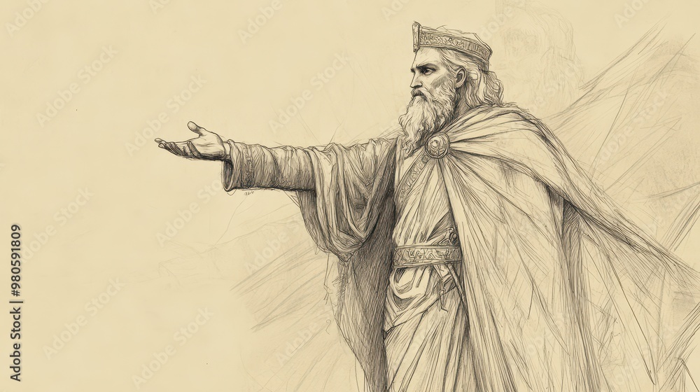 Fototapeta premium Biblical Illustration of King Amaziah Standing Confidently in His Royal Robes in 2 Chronicles, Addressing the People of Judah as He Begins His Reign, Beige Background