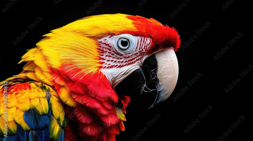 Obraz premium Vibrant close-up of a colorful parrot showcasing its stunning plumage and expressive eyes against a black background.