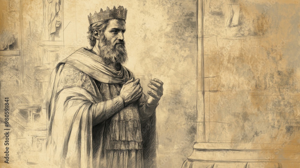 Fototapeta premium Biblical Illustration of Rehoboam’s Folly in 2 Chronicles, Rehoboam Alone in Throne Room, Realizing His Mistake Too Late, Facing the Consequences, Beige Background