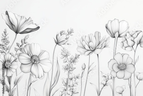 A detailed black-and-white illustration of various flowers arranged artistically.