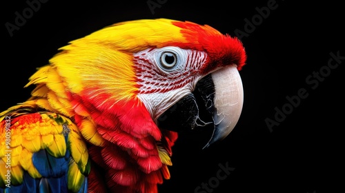 Vibrant close-up of a colorful parrot showcasing its stunning plumage and expressive eyes against a black background.