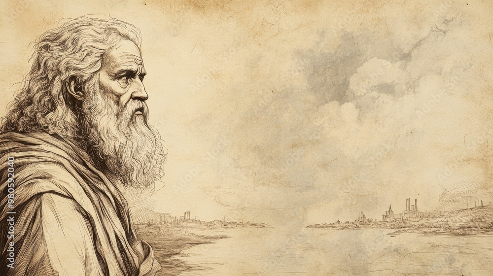 Fototapeta premium Biblical illustration of the prophet Ezekiel by the rivers of Babylon, receiving visions from God while in exile, with a distant look of sorrow and hope for Israel’s future, in a beige background