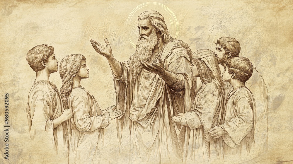 Fototapeta premium 1 Chronicles Biblical Illustration: Judah Blessing His Sons with Prophetic Aura, Signifying Their Important Roles in the Lineage and Future Leadership