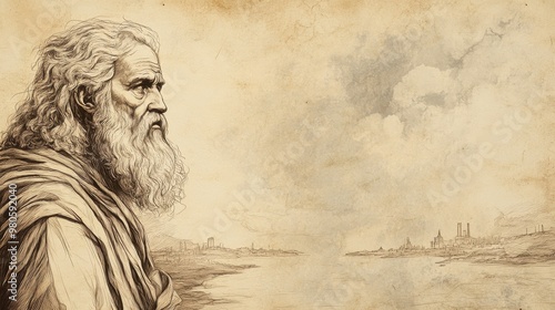 Biblical illustration of the prophet Ezekiel by the rivers of Babylon, receiving visions from God while in exile, with a distant look of sorrow and hope for Israel’s future, in a beige background