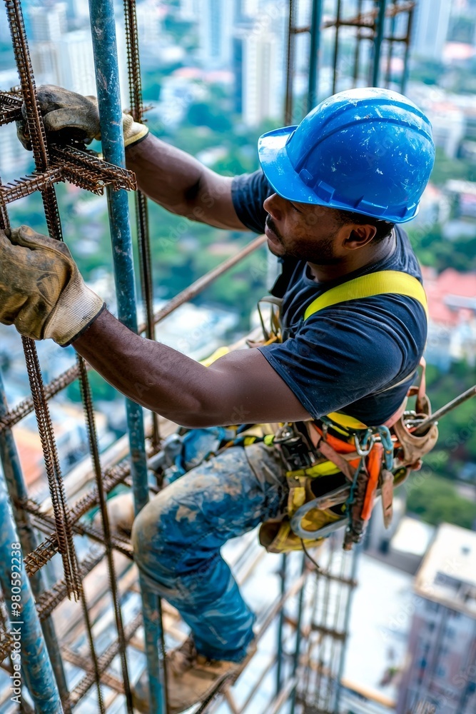Black Male Construction Worker in Blue Safety Helmet Working on High-Rise Scaffolding with City Skyline in Background, Emphasizing Workplace Safety Black Male Construction Worker in Blue Safety Helmet Working on High-Rise Scaffolding with City Skyline in Background, Emphasizing Workplace Safety
