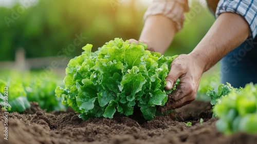 Farmer's hands yanking up leafy lettuce bunch