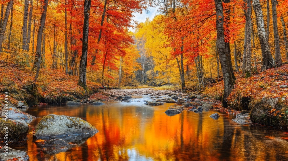 Fototapeta premium Vibrant autumn colors fill the forest as orange and yellow leaves cloak the trees. A calm river reflects this autumnal beauty, creating a picturesque setting in the heart of nature during midday.