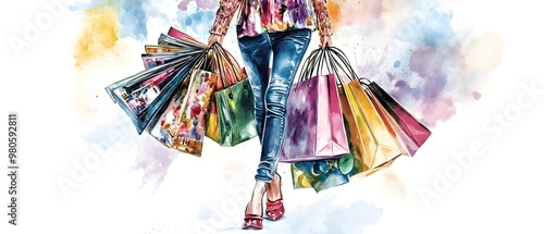 A stylish individual carries multiple colorful shopping bags, showcasing modern fashion and vibrant shopping spirit.