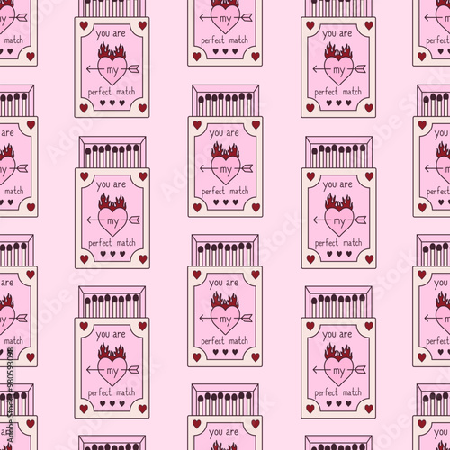 Seamless vector pattern with pink matchbook. Doodle matches in open box with burning heart. Valentine day background. Y2k girly design. Vector graphic for wallpaper, wrapping paper, textile