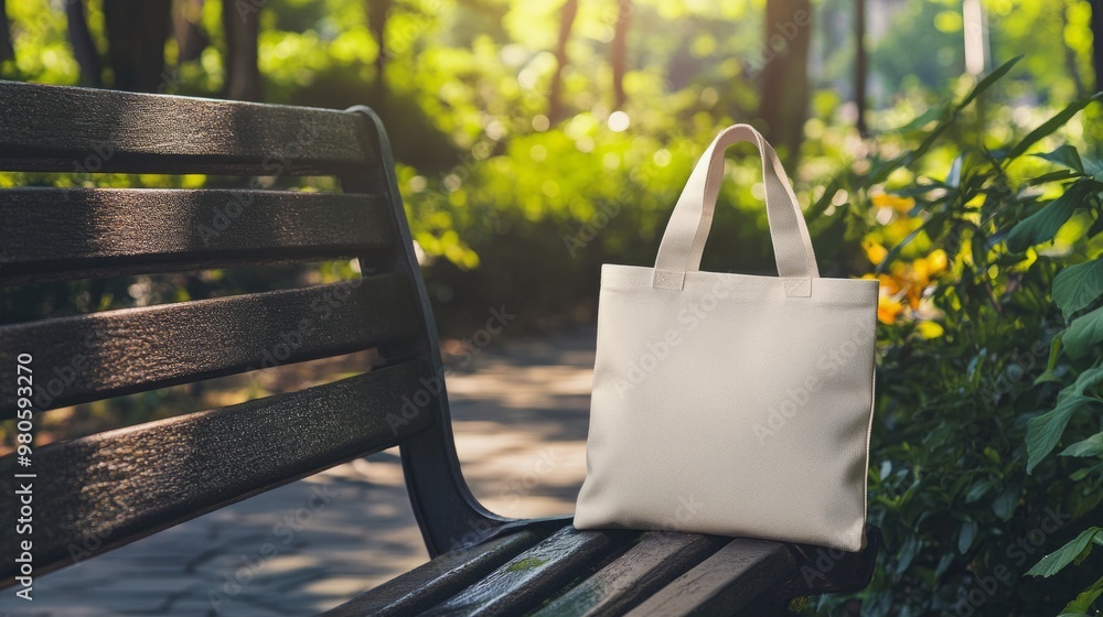 Blank tote bag resting on a park bench on a sunny day, surrounded by greenery, offering ample copy space on the sturdy fabric. Blank tote bag resting on a park bench on a sunny day, surrounded by greenery, offering ample copy space on the sturdy fabric.
