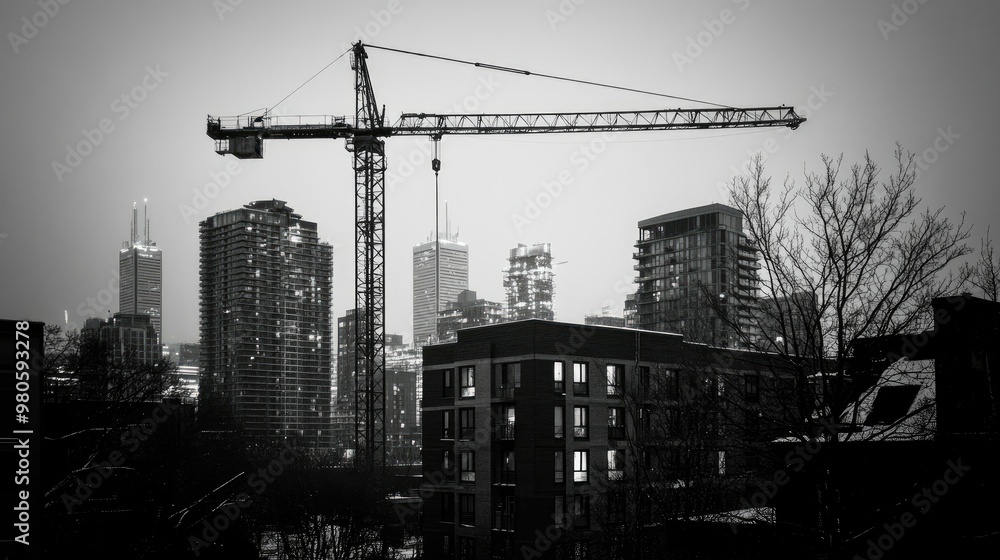Fototapeta premium Urban Construction: Crane Lifting Building Blocks, Cityscape with Towering Buildings