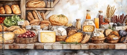 A vibrant display of assorted breads, cheeses, and fresh produce on a rustic wooden table, perfect for food lovers. photo