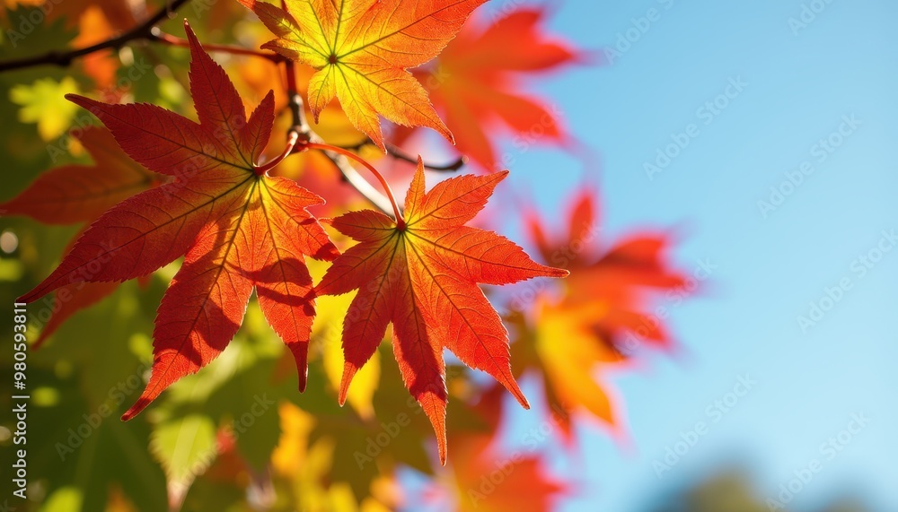 Close-up of Vibrant Autumn Leaves in Various Stages of Color Change, from Green to Red, Set Against a Crisp Blue Sky Close-up of Vibrant Autumn Leaves in Various Stages of Color Change, from Green to Red, Set Against a Crisp Blue Sky