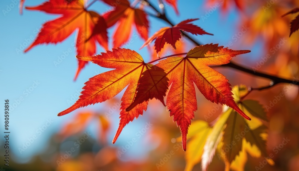 Close-up of Vibrant Autumn Leaves in Various Stages of Color Change, from Green to Red, Set Against a Crisp Blue Sky Close-up of Vibrant Autumn Leaves in Various Stages of Color Change, from Green to Red, Set Against a Crisp Blue Sky
