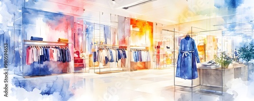 A vibrant watercolor illustration of a modern clothing store showcasing colorful garments and an inviting shopping atmosphere.